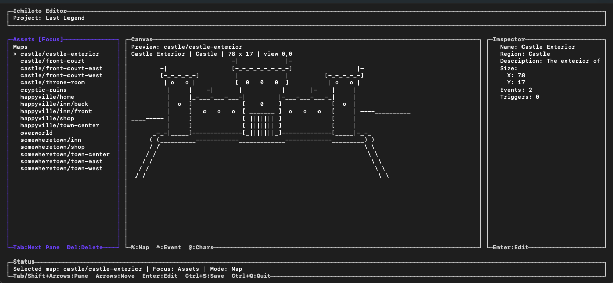 Ichiloto editor workspace with the map canvas, assets panel, and inspector visible together.