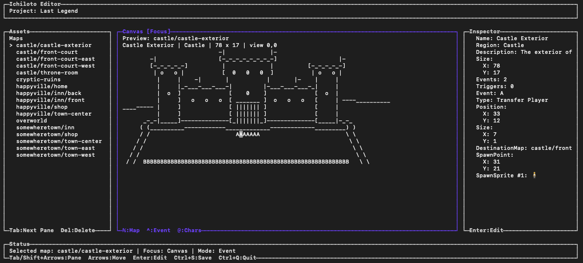 The editor focused on an event workflow for moving the player between maps.