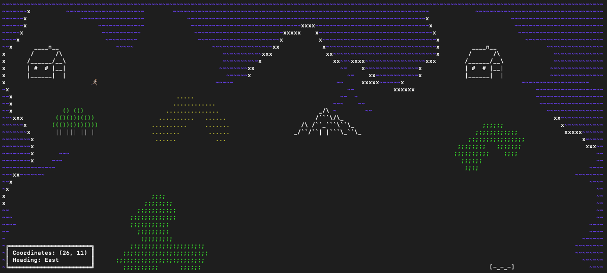 A playable overworld scene rendered in the terminal
