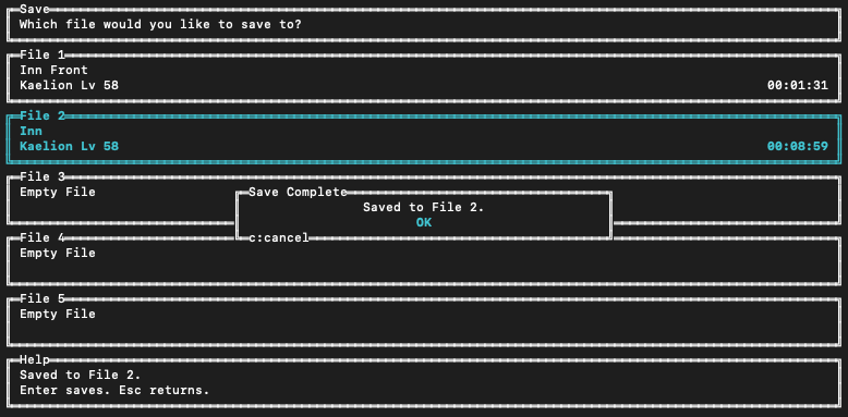 A save menu confirming in-game progress in the terminal runtime.