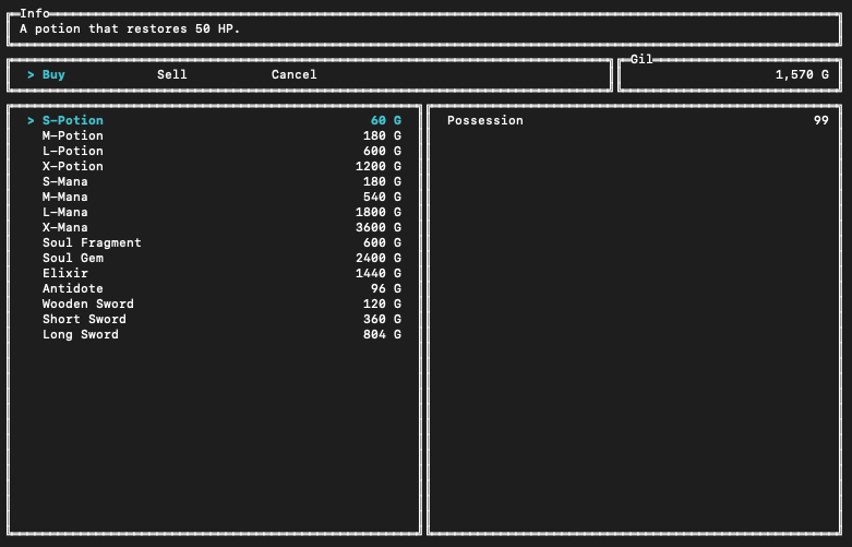 A focused shop purchase flow in the terminal
